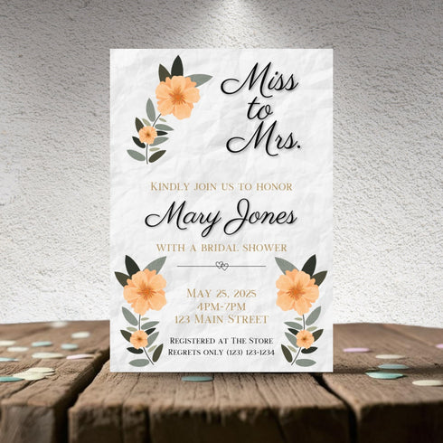 Personalized Black/Peach Floral Bridal Shower Invitation